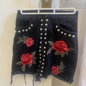 Studded Floral Denim Skirt
